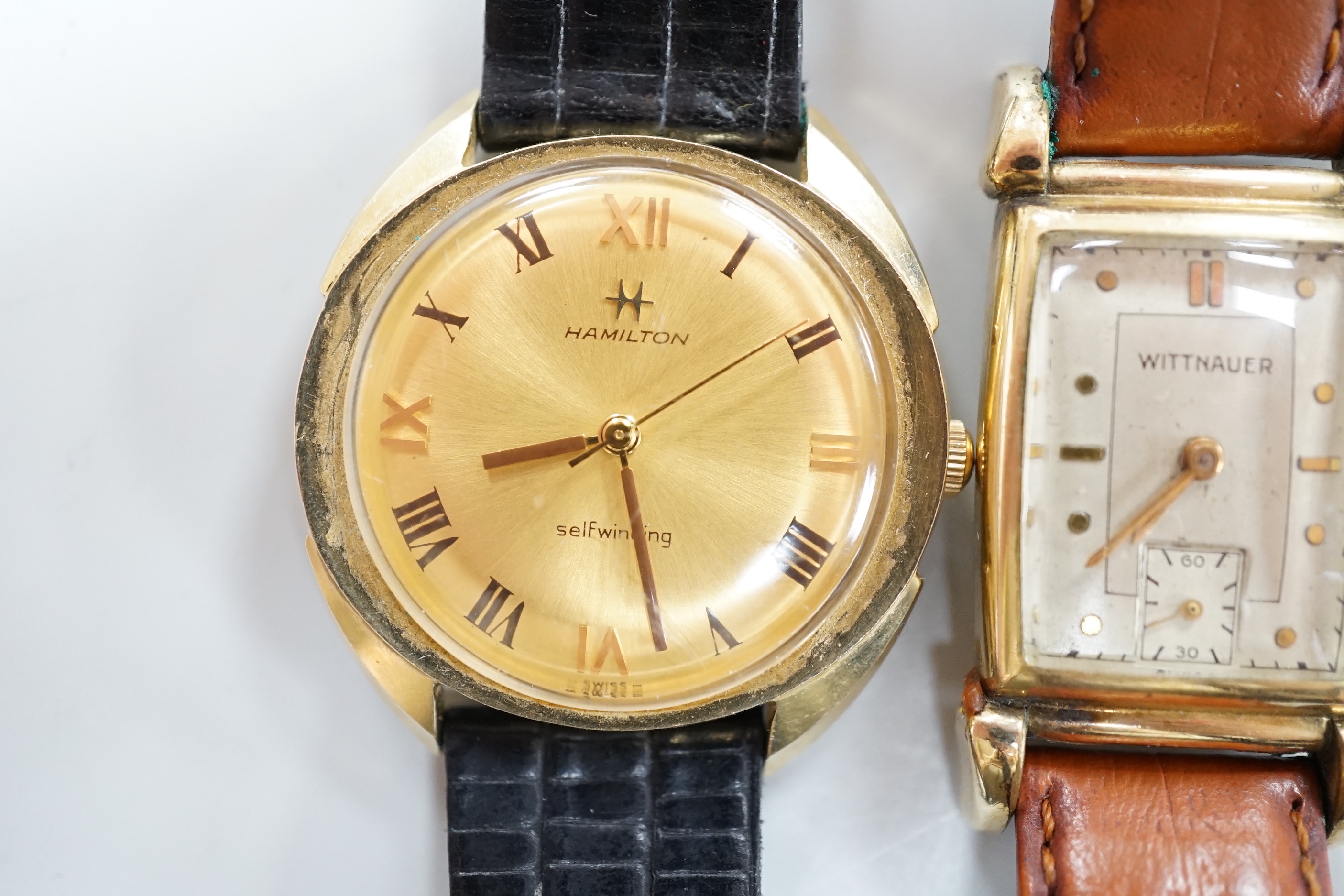 A gentleman's 14K gold Hamilton self winding wrist watch and a gold plated Witnauer wrist watch